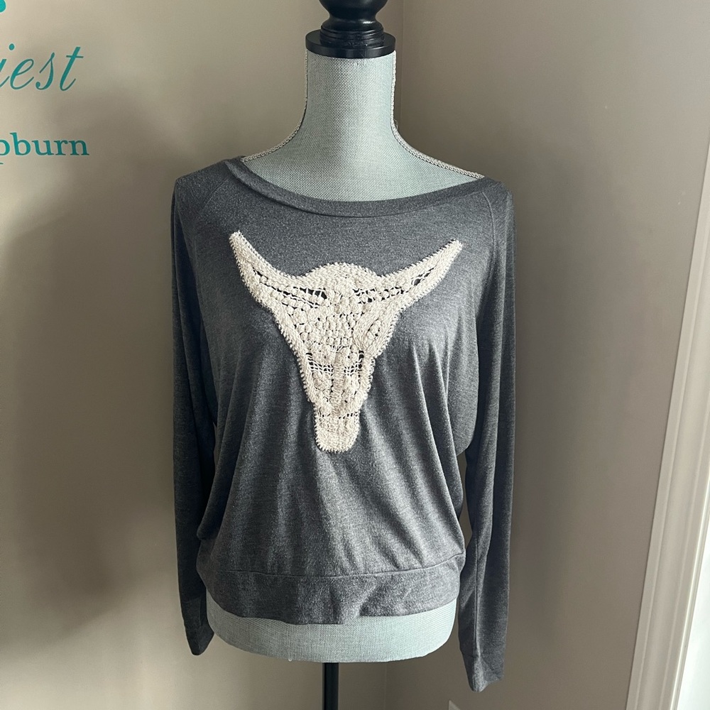 Rachel Roy Grey w/Embroidered Knit Antler Skull